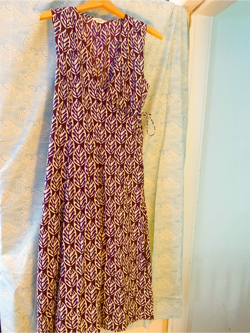 Toast UK Leaf Print Poplin Wrap Dress in Mulberry